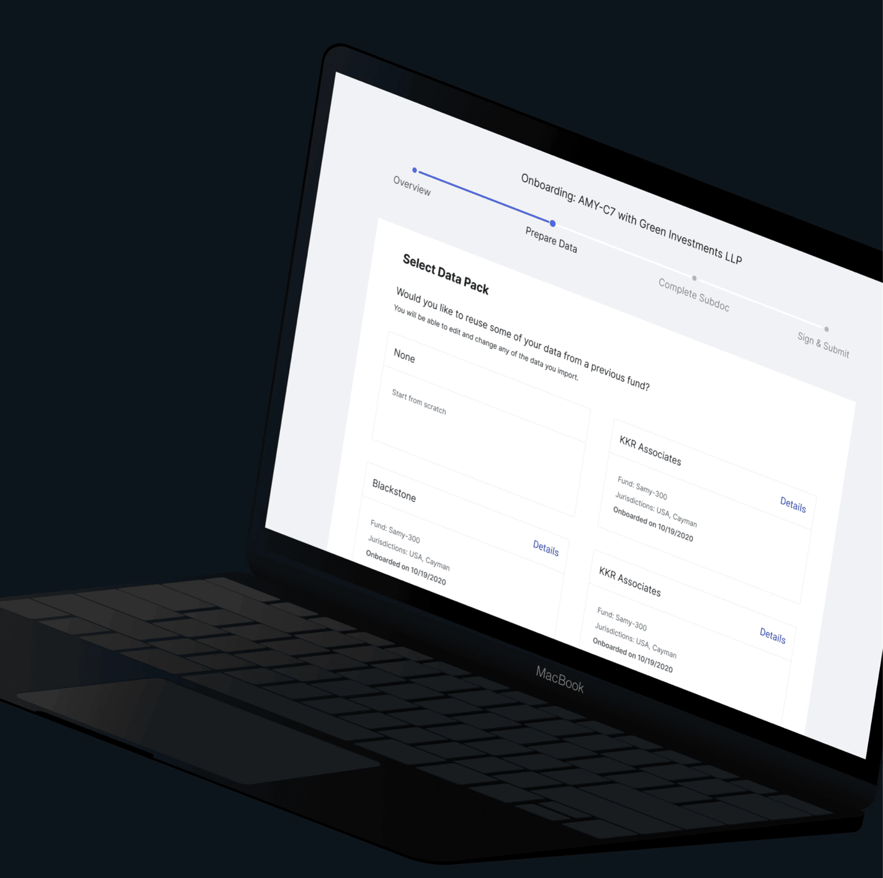FIS investor onboarding, selecting a data pack from a previous fund before completing subscription documents