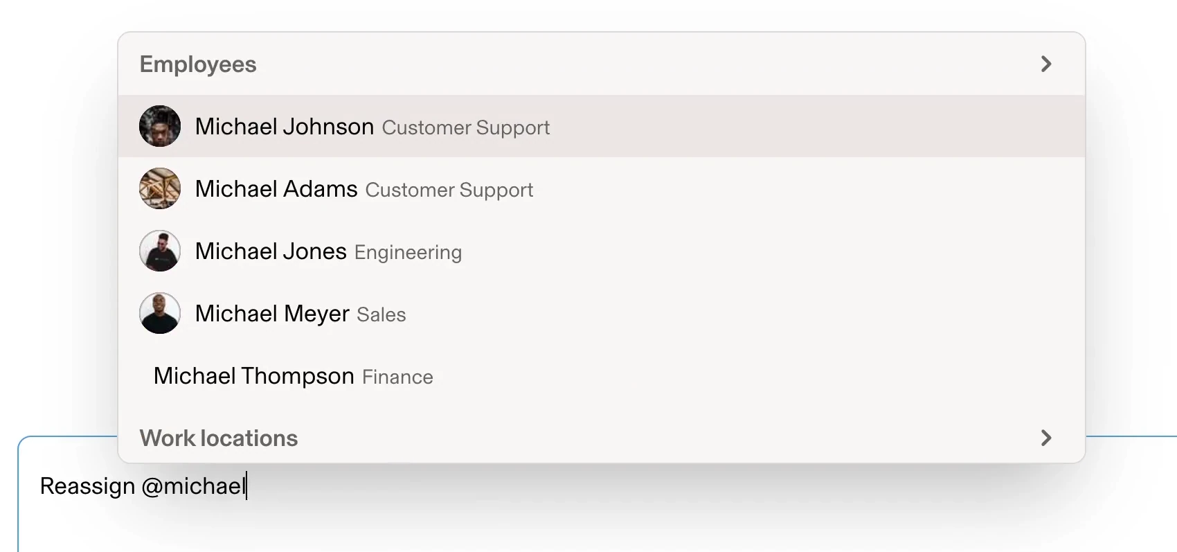 The Rippling AI composer with 'Reassign @michael' typed and an inline picker of five employees named Michael, each with their department