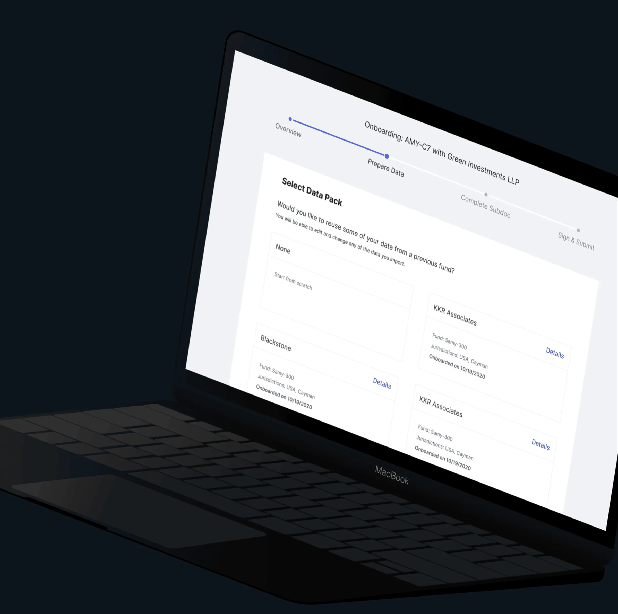 FIS investor onboarding, selecting a data pack from a previous fund before completing subscription documents