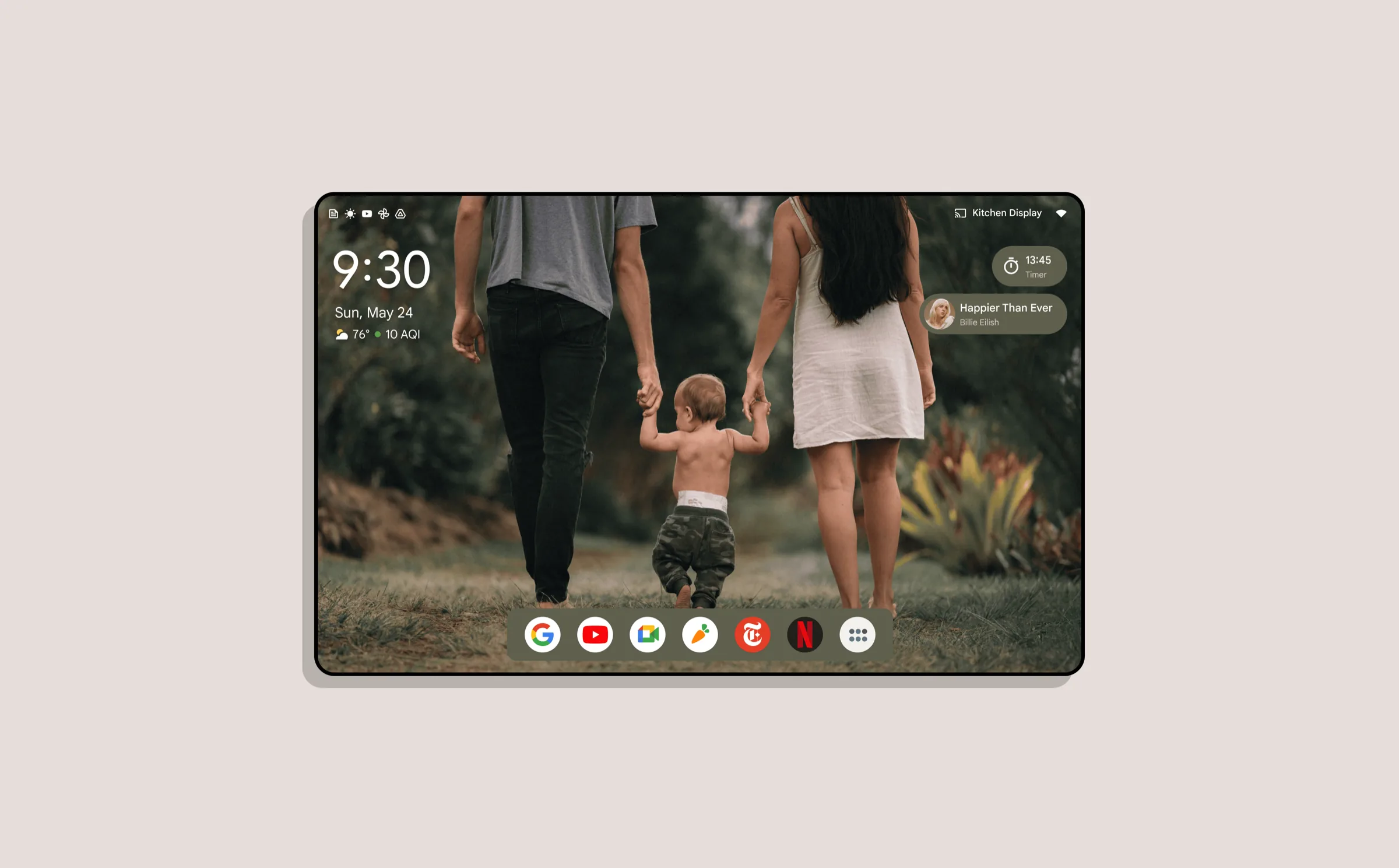 Ten-foot UI with large clock, date, and weather over ambient wallpaper