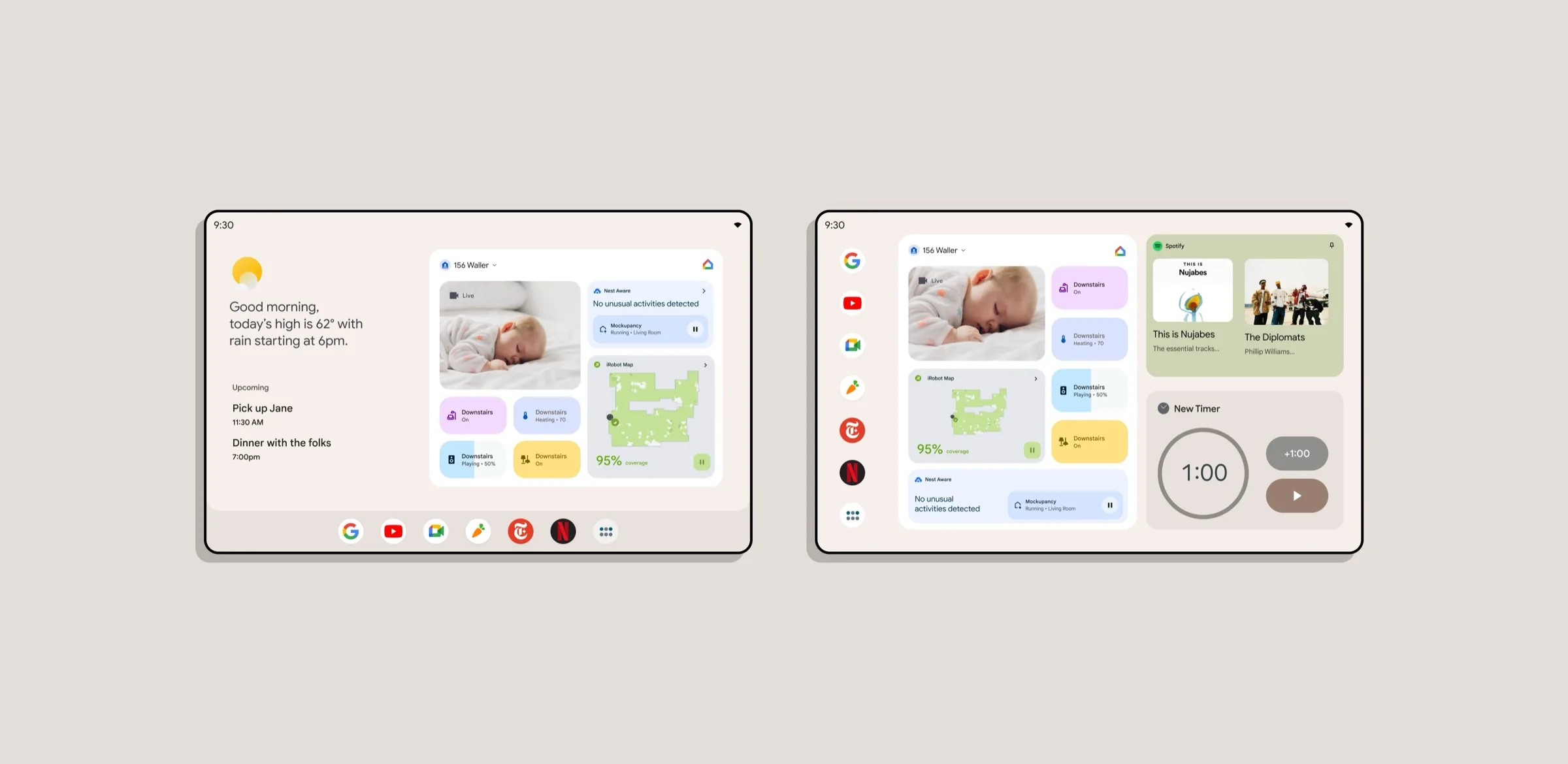Two layouts of the converged tablet: a morning briefing beside the home panel, and a denser grid with app rail