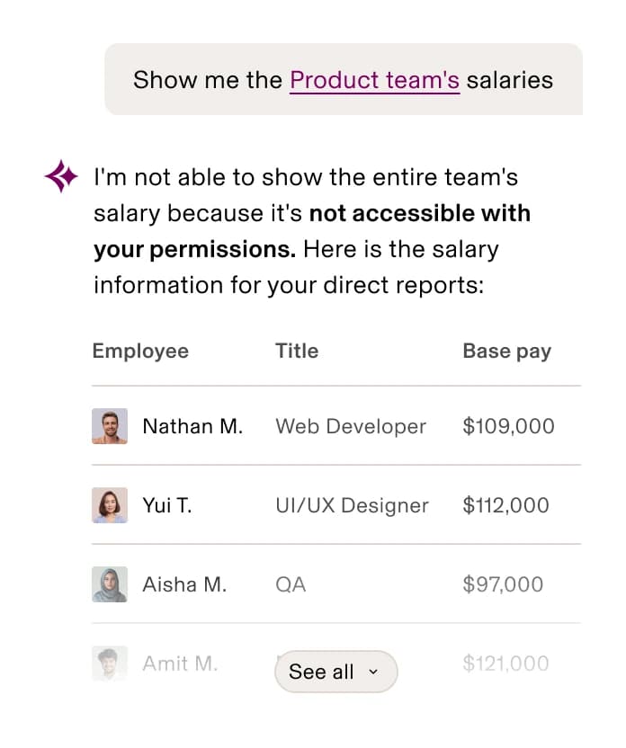 Asked to show the Product team's salaries, Rippling AI says it cannot show the entire team's salary because it is not accessible with your permissions, then lists base pay for the asker's direct reports