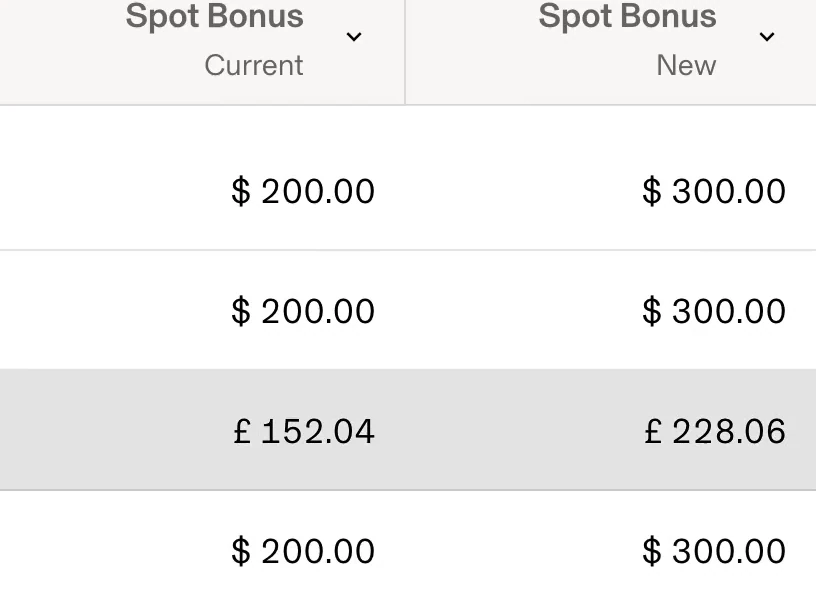 Close crop of the payroll table's Spot Bonus columns, Current and New: $200.00 to $300.00, $200.00 to $300.00, £152.04 to £228.06 on a highlighted row, $200.00 to $300.00, decimals aligned