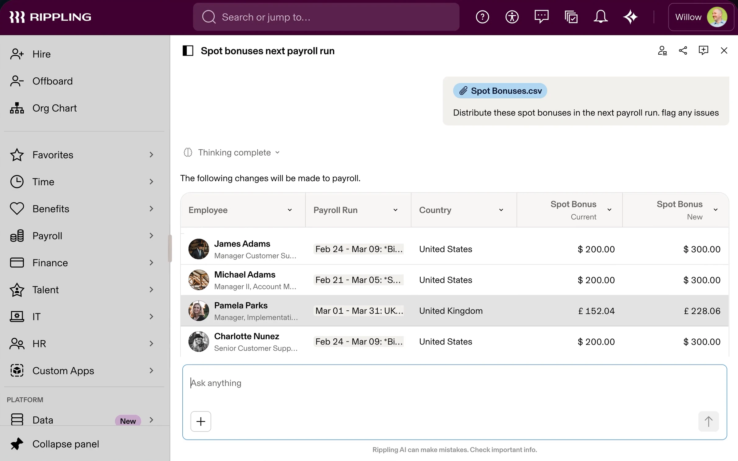 Rippling AI given a spot-bonus CSV and asked to distribute it in the next payroll run: it shows its thinking, then the exact changes it will make to payroll as a table of employee, payroll run, country, and current versus new amount