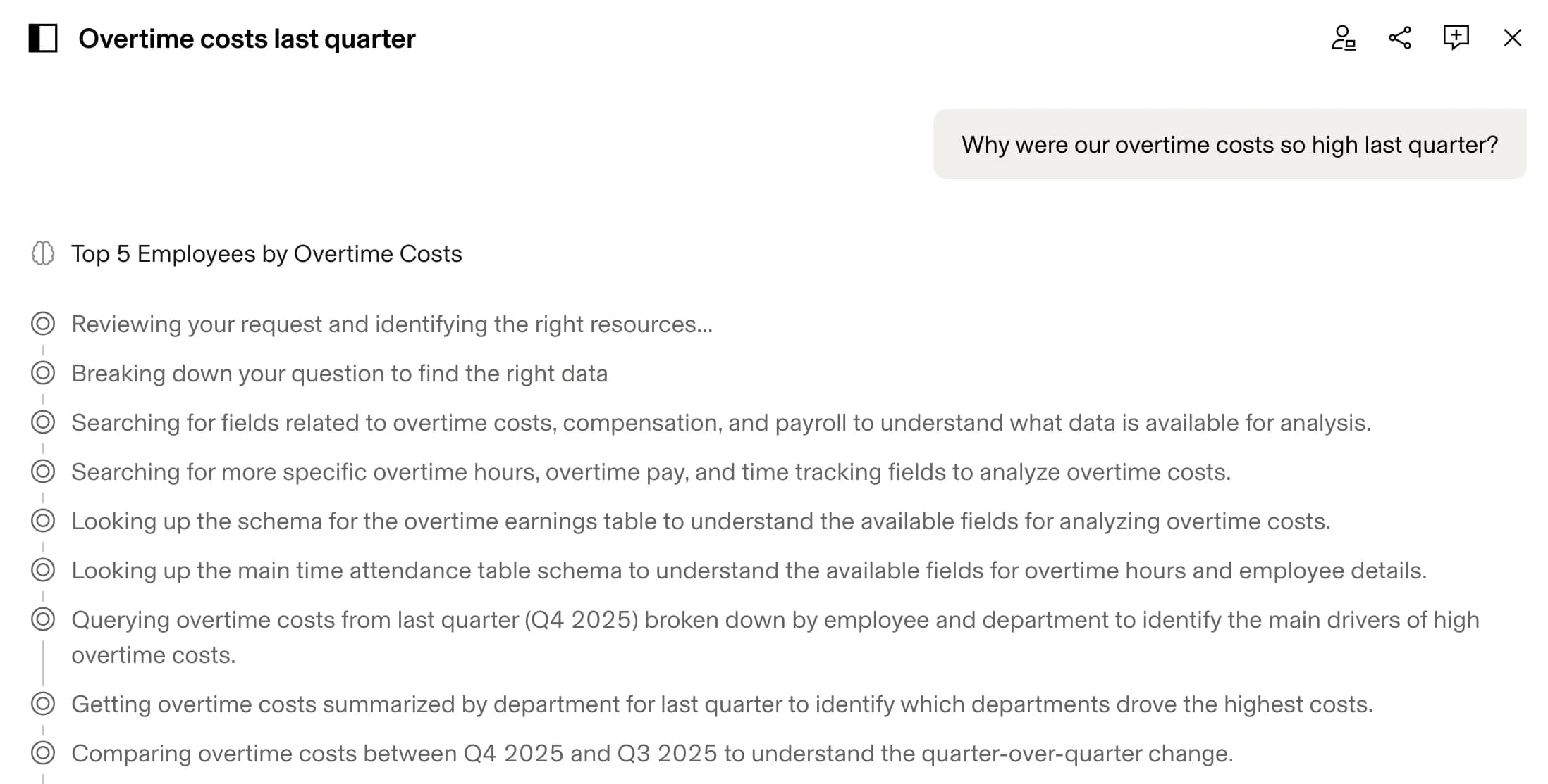 Rippling AI working through its plan for 'Why were our overtime costs so high last quarter': reviewing the request, breaking it down, searching data, looking up schemas, querying by employee and department, and comparing quarters