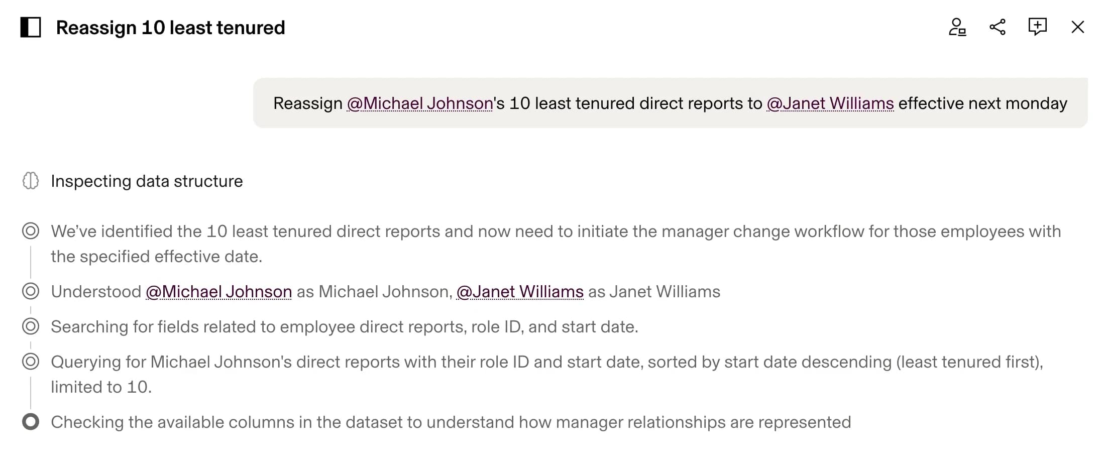 The Rippling AI panel working the request 'Reassign Michael Johnson's 10 least tenured direct reports to Janet Williams effective next monday': it confirms who each name resolved to, describes the fields it is searching, and the query it is running