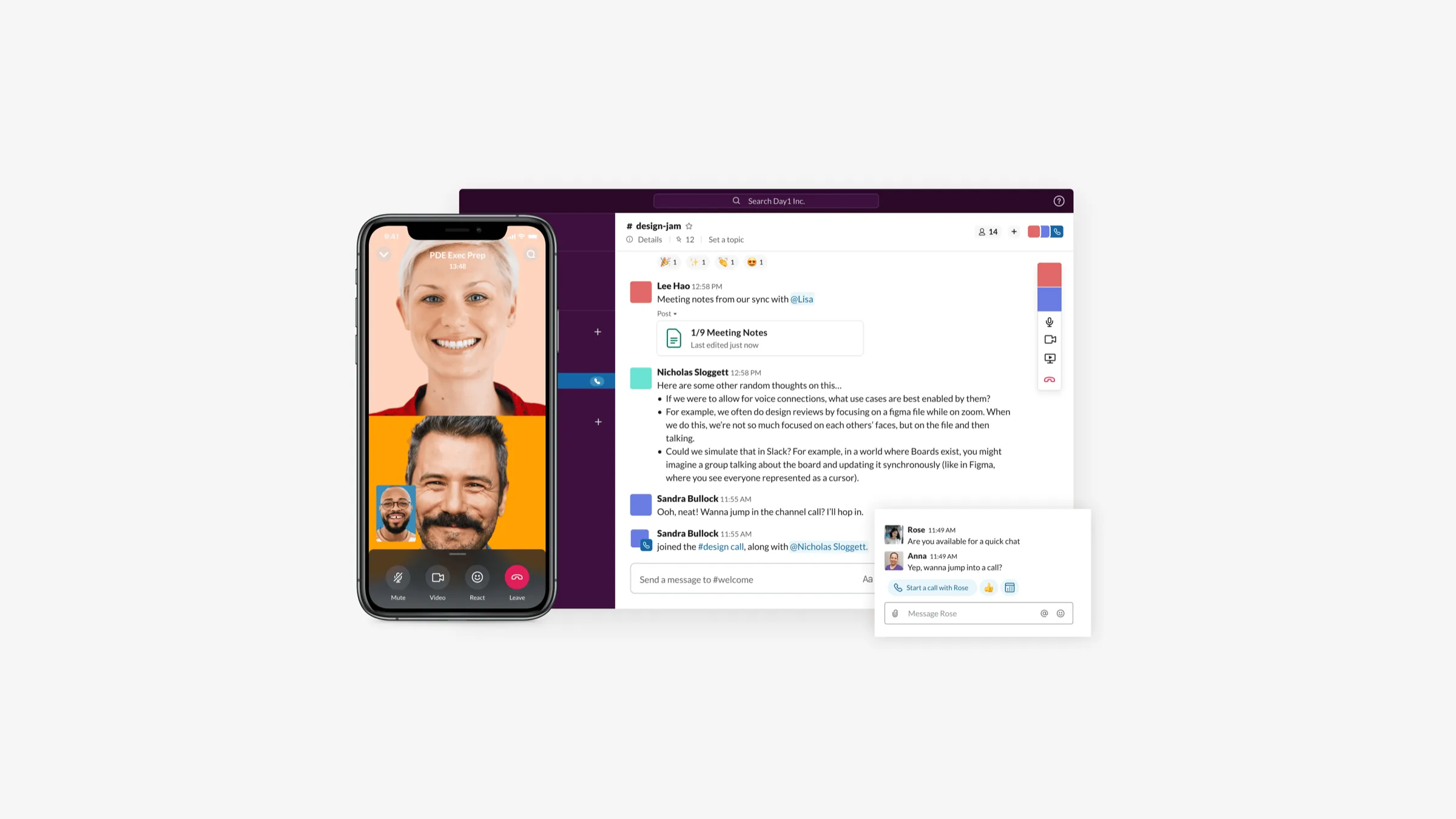 Slack Calls in-call surface with participant tiles, screen share, and channel context